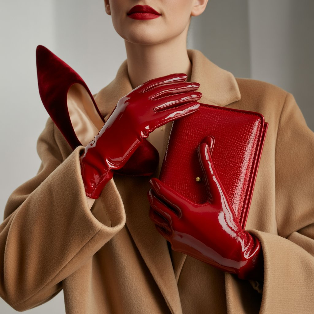 Neutral winter outfit with red accessories, red gloves, and patent leather bag