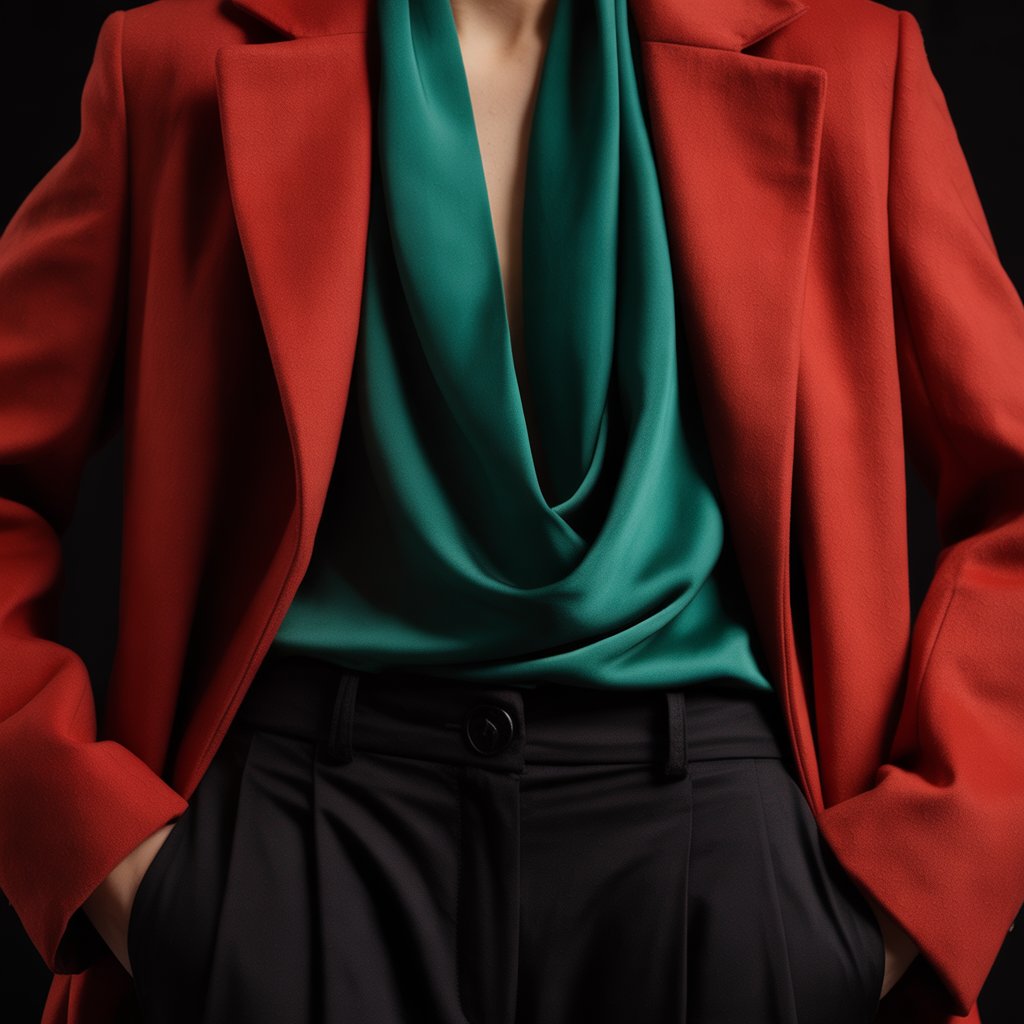Costume with a red coat styled with olive green accessories and black outfit