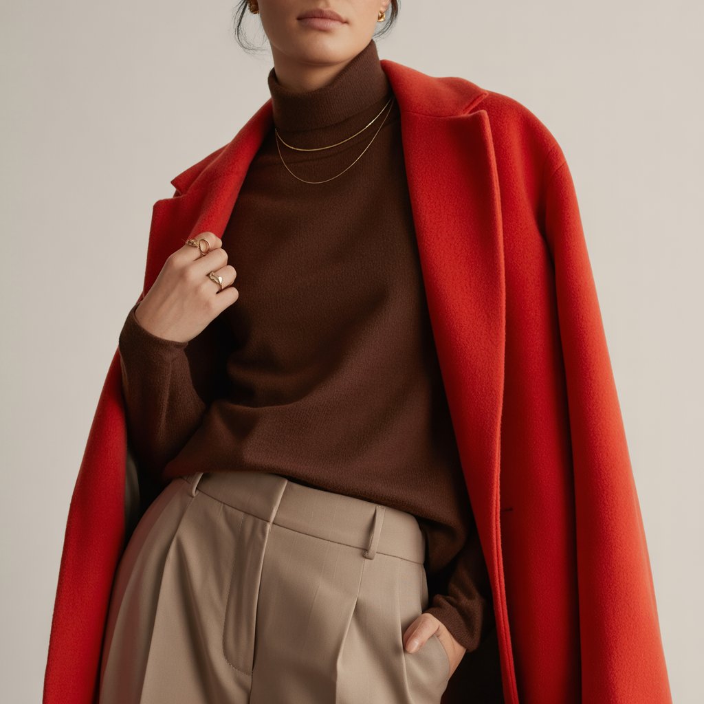 Elegant red coat outfit with cashmere turtleneck and neutral layering