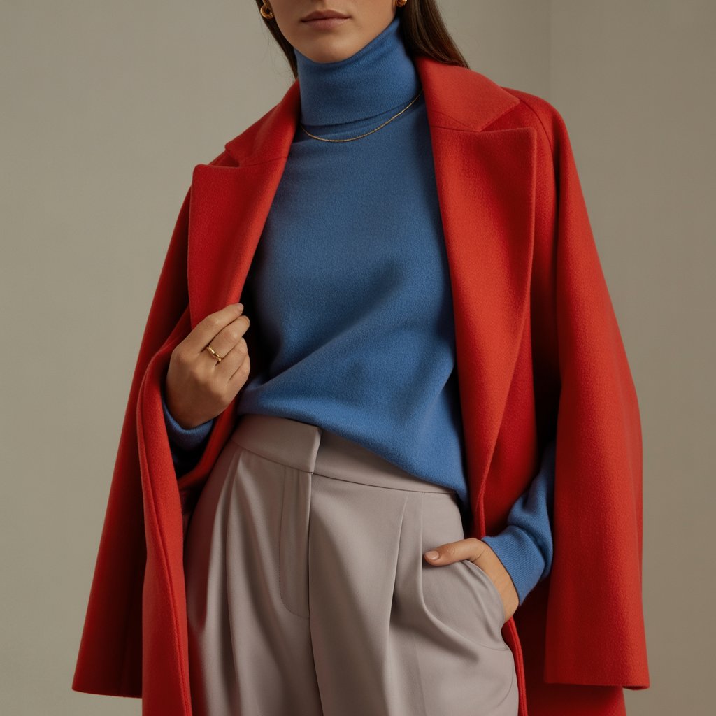 Woman wearing a red coat with wide-leg trousers and gold jewelry