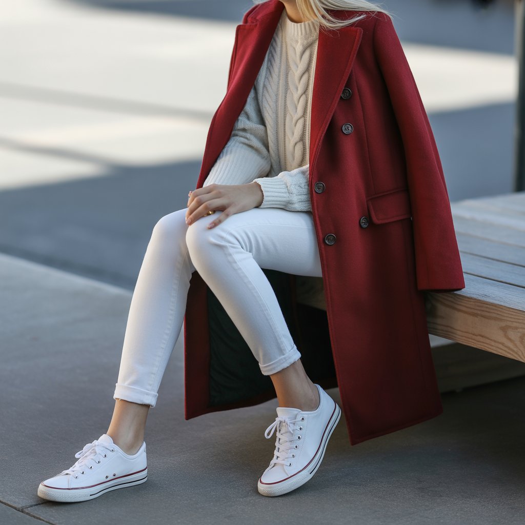 Red coat layered over basics with white low-top sneakers for winter comfort