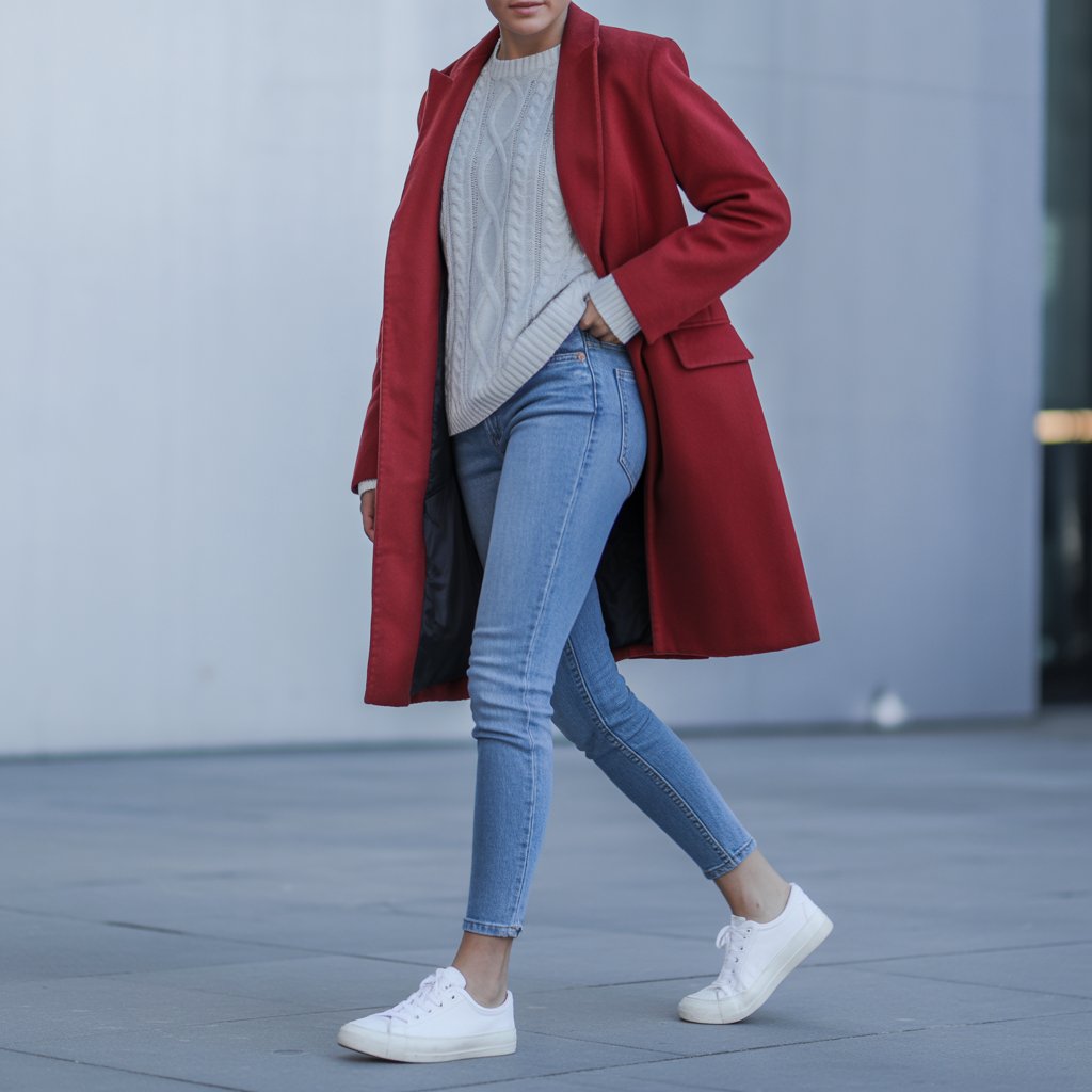 Casual weekend red coat outfit with ivory knit sweater and light blue skinny jeans