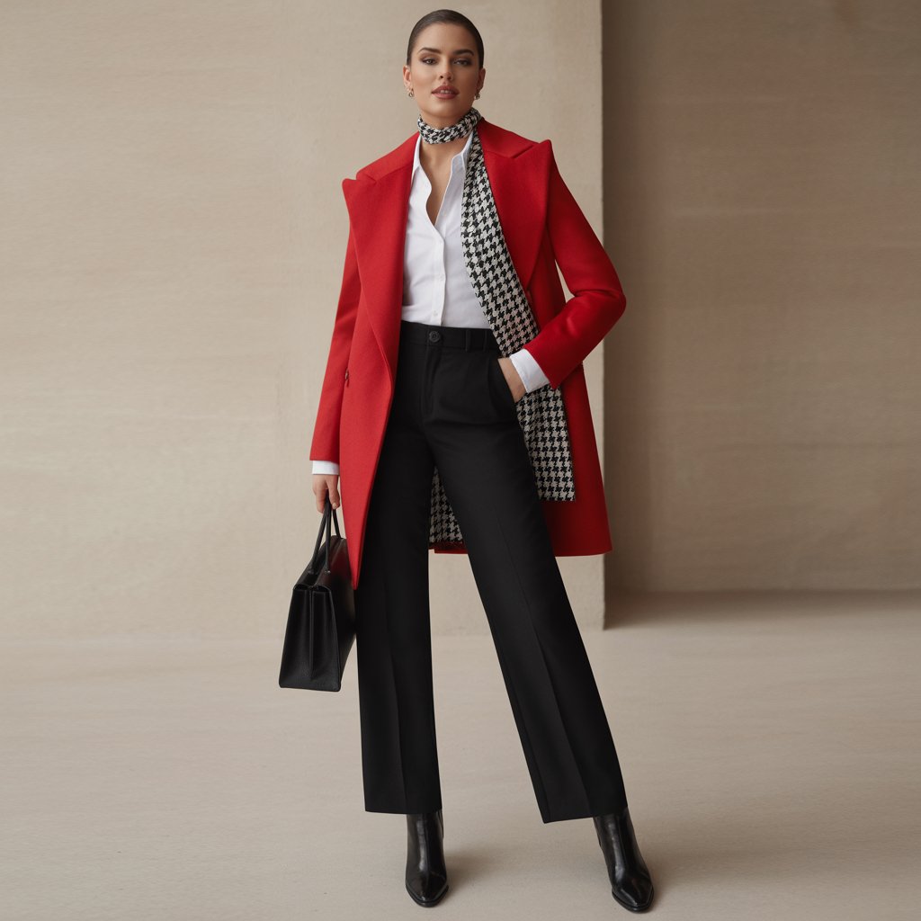 Red coat styled with white shirt, black leather leggings, and patterned scarf
