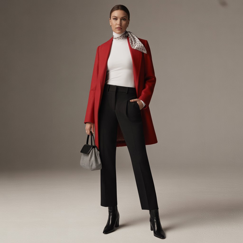 Red coat outfit with crisp white turtleneck, black pants, and ankle boots