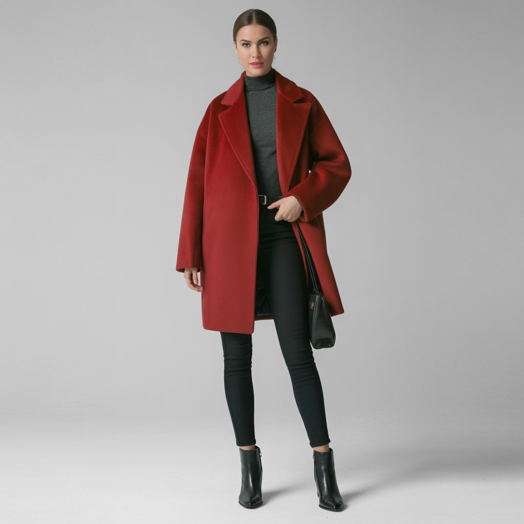 Oversized red coat styled with leggings, fine-knit sweater, and sleek accessories