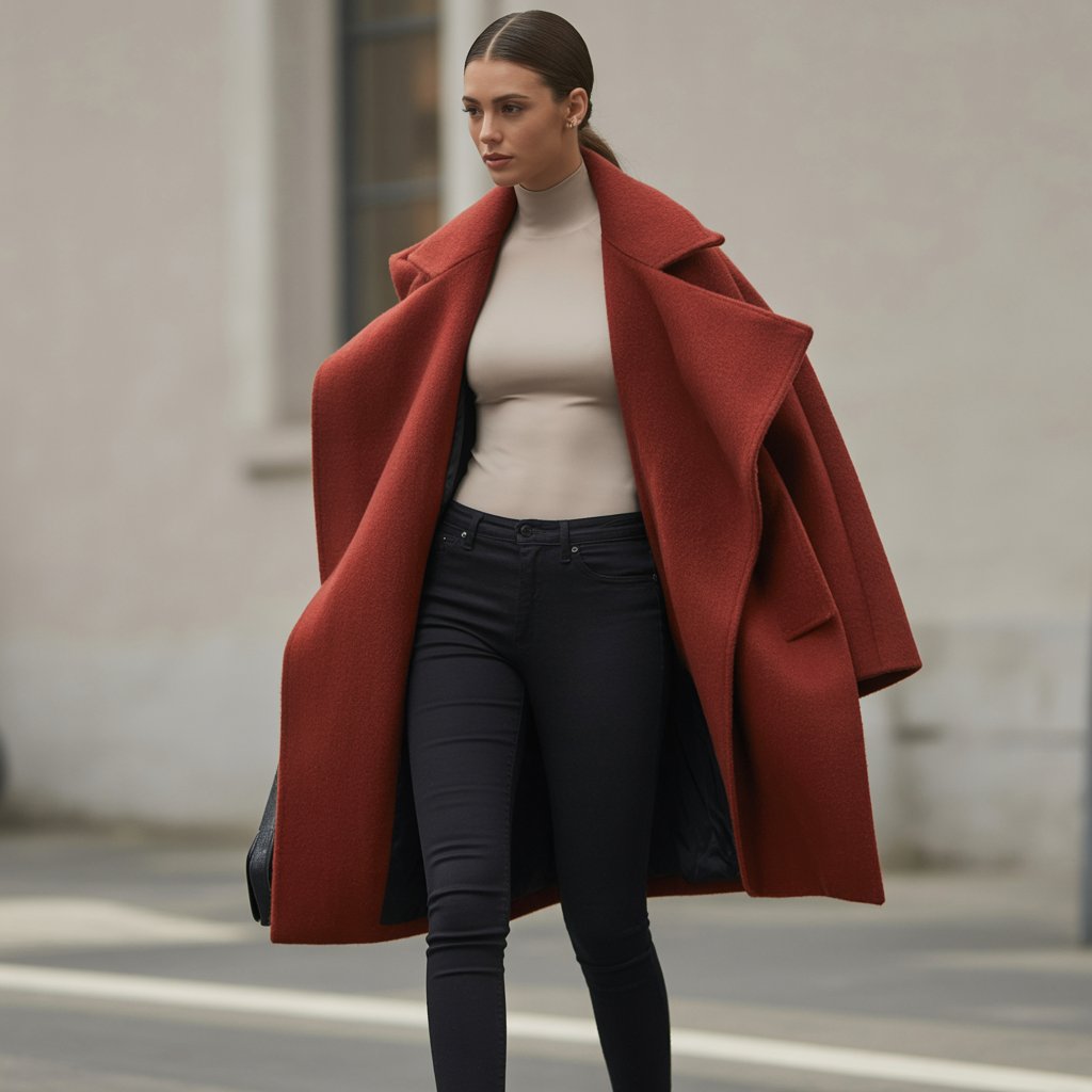 Red coat outfit with slim-fit pants and a thin knit for a streamlined look