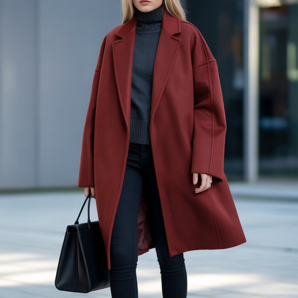Long oversized red coat with fitted layers underneath for balanced proportions