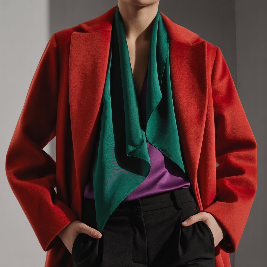 Red coat outfit with purple turtleneck and neutral pants for bold color contrast