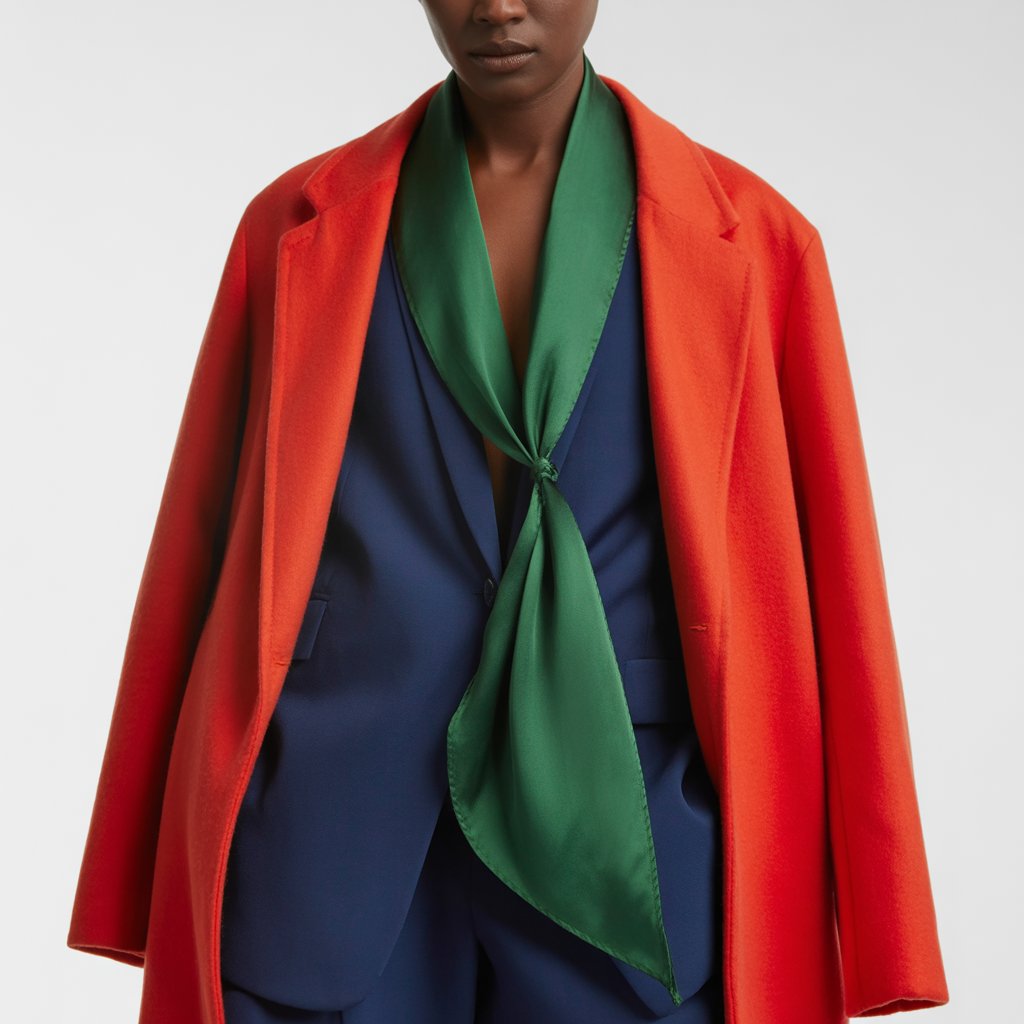 Red coat color-block outfit with deep green scarf and navy base layers