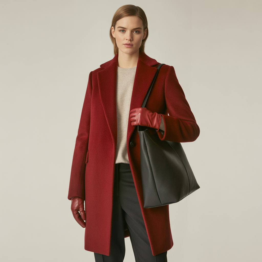 Statement coat outfit with minimal accessories, leather tote, and simple scarf