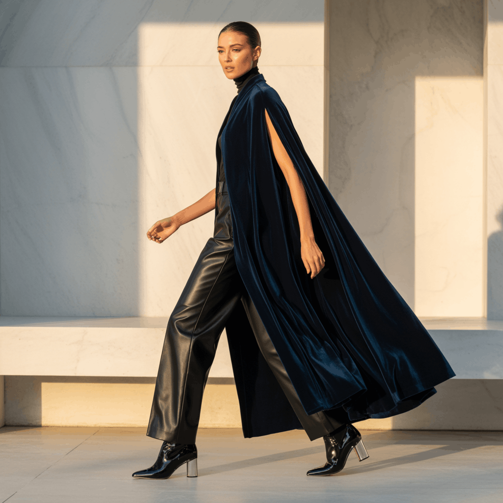 Evening winter look featuring a flowing cape cloak for elevated glamour
