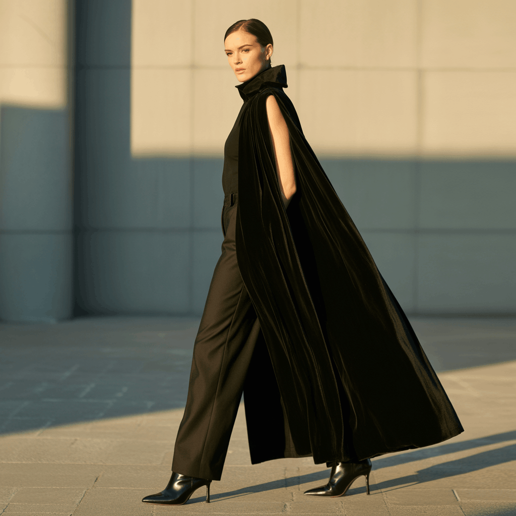 Sleeveless cape cloak with dramatic flowing line layered over structured outfit