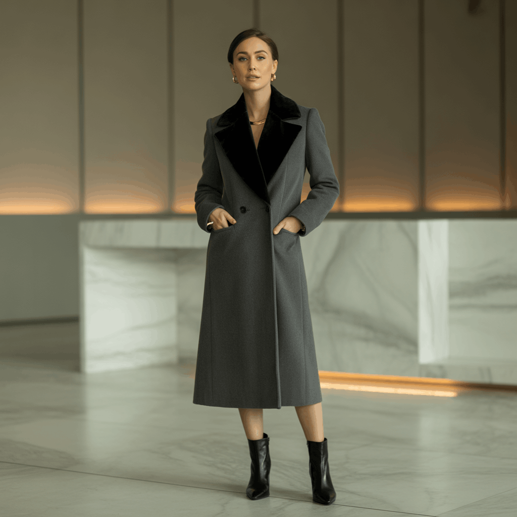 Chesterfield coat with velvet collar styled for business wear