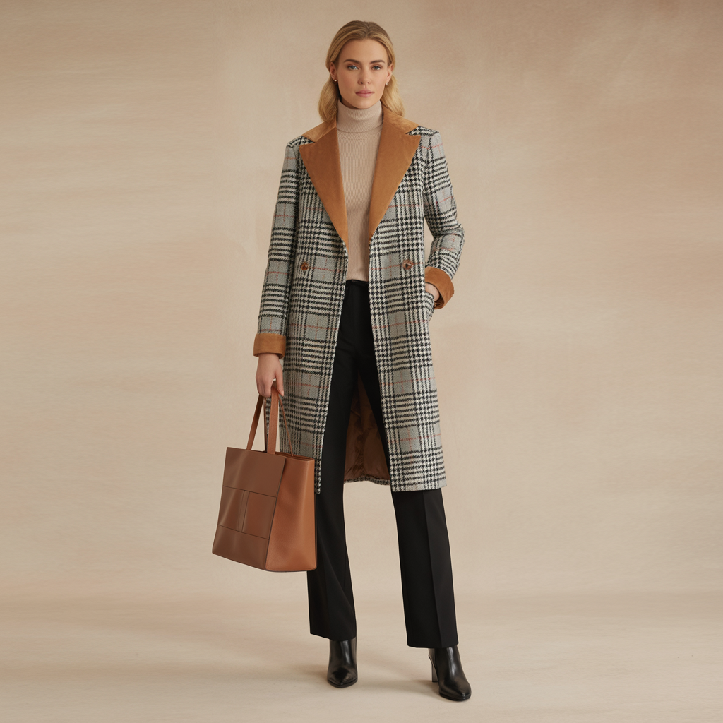 Statement coat outfit with fitted turtleneck and sleek trousers