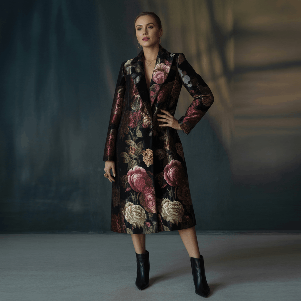 Tapestry Jacket Outfit Ideas: A 5-Step Guide to Fit, Style & Longevity 9 Dark floral pattern on black or navy coat paired with velvet for rich tactile detail