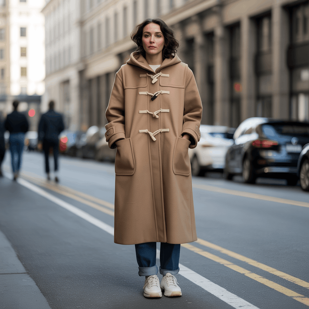 Wool duffle coat with toggle fastenings and hood for everyday winter wear