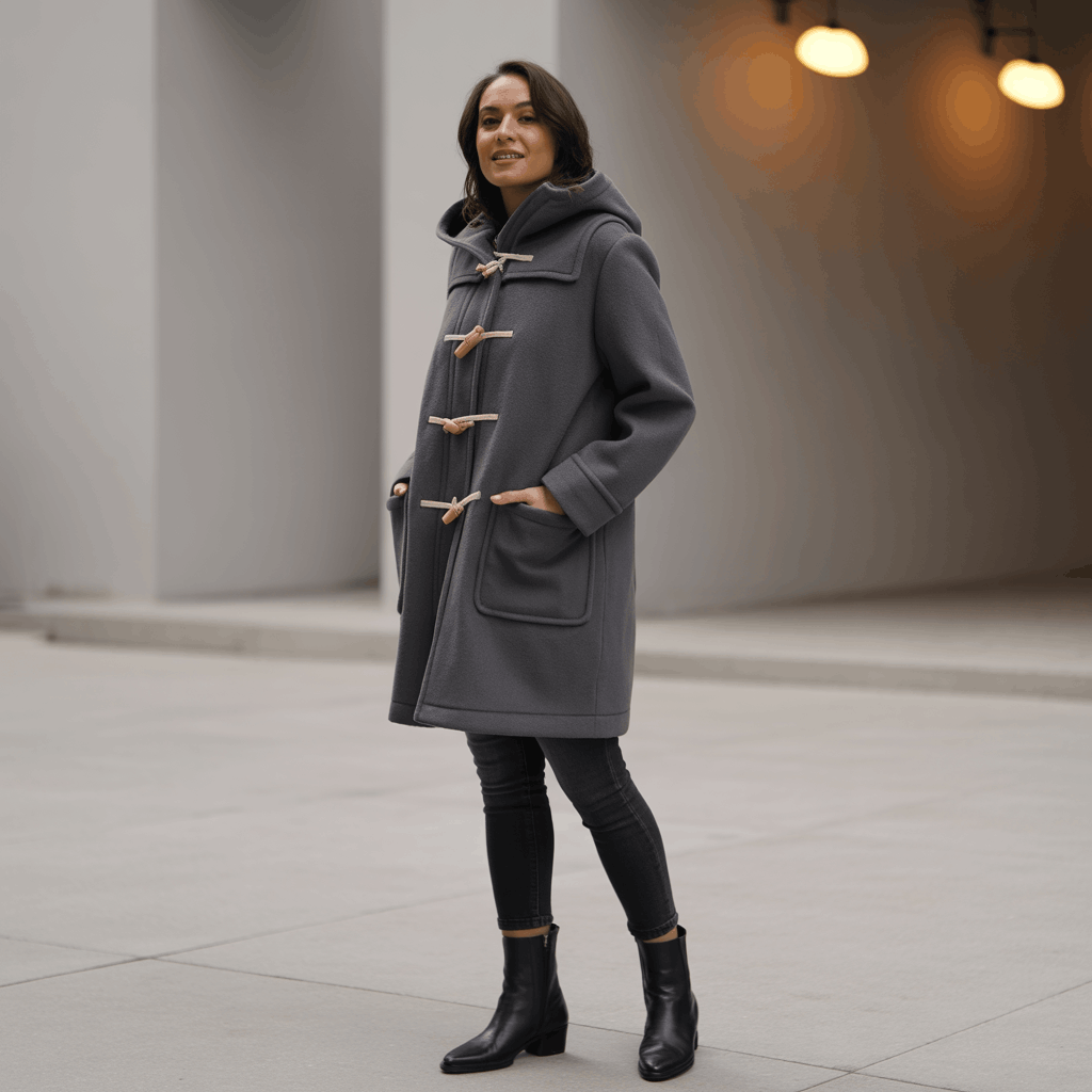 Casual duffle coat outfit with utilitarian details and relaxed styling