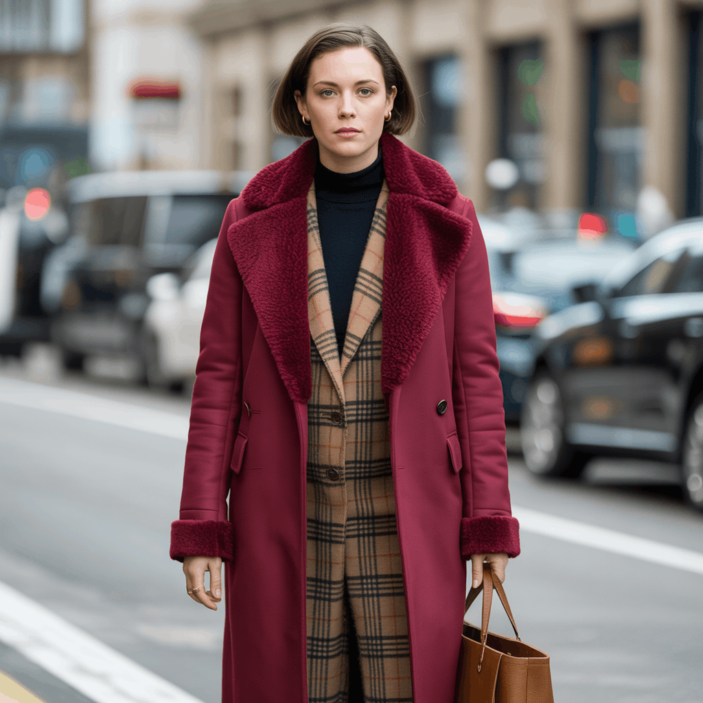 Plaid statement coat outfit with solid neutral layers to avoid competing prints