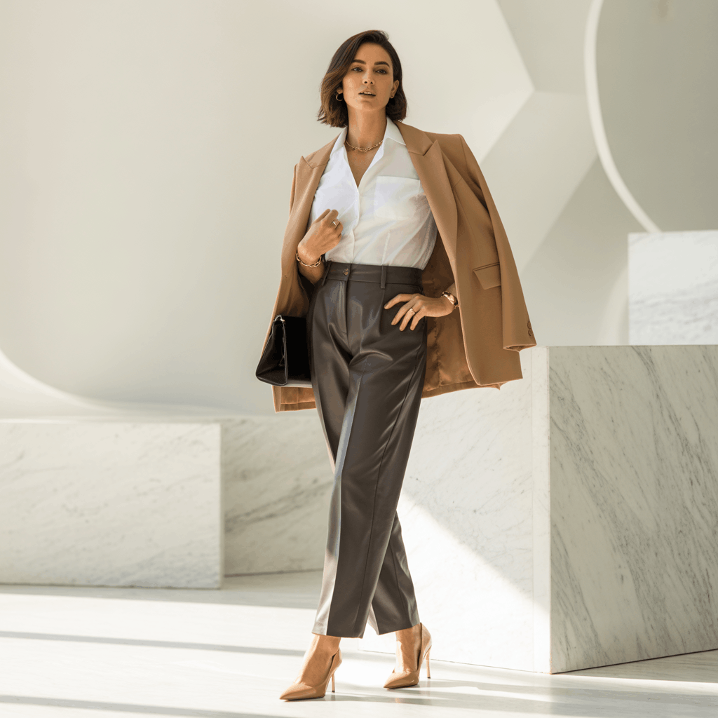Power dressing basics: crisp shirt, knit top, tailored pants, and midi skirt outfit formula