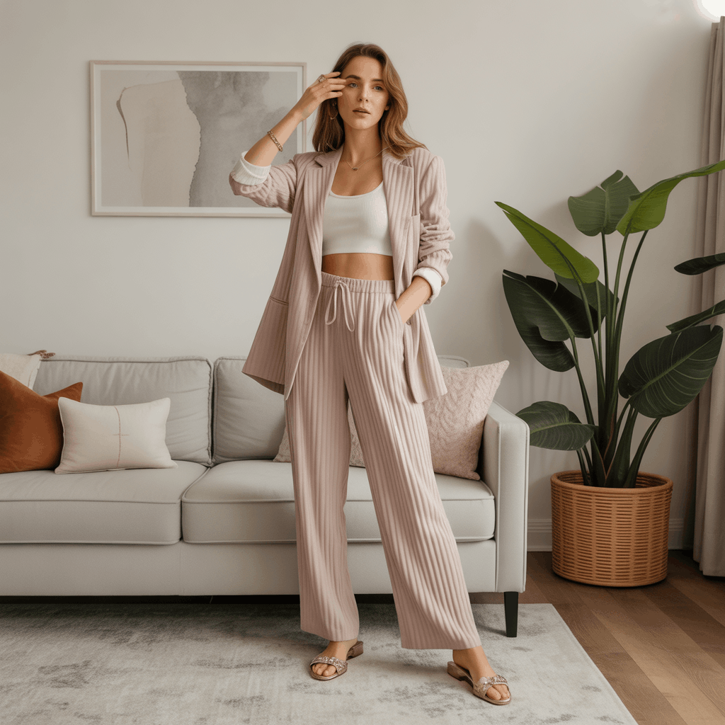 Polished loungewear set styled for remote work with elevated comfort and clean lines