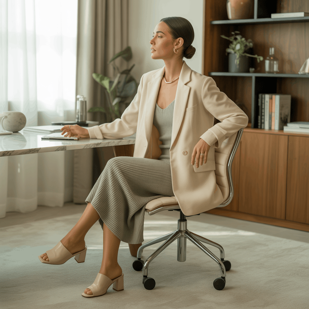 Power dressing from home with soft blazer, knit dress, and minimal accessories for Zoom