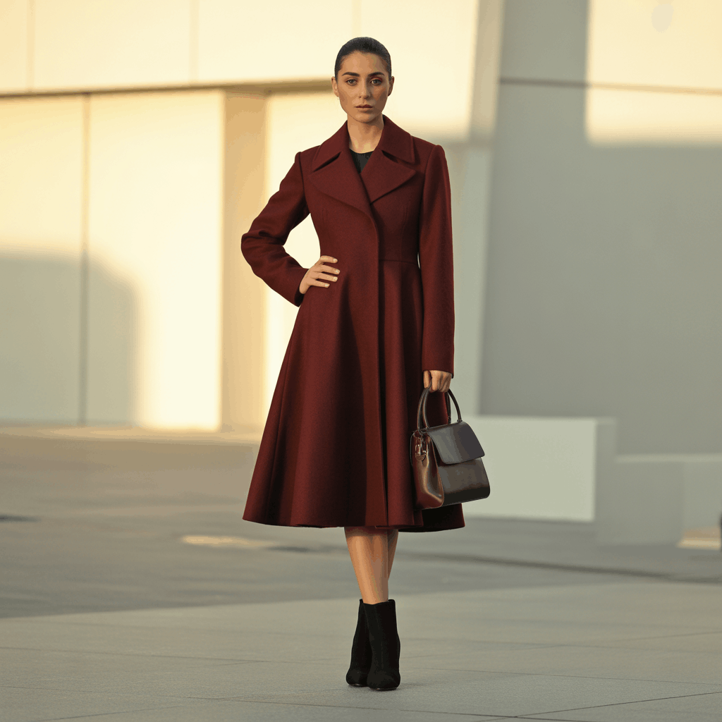Smart fit-and-flare coat outfit highlighting waist definition and shape