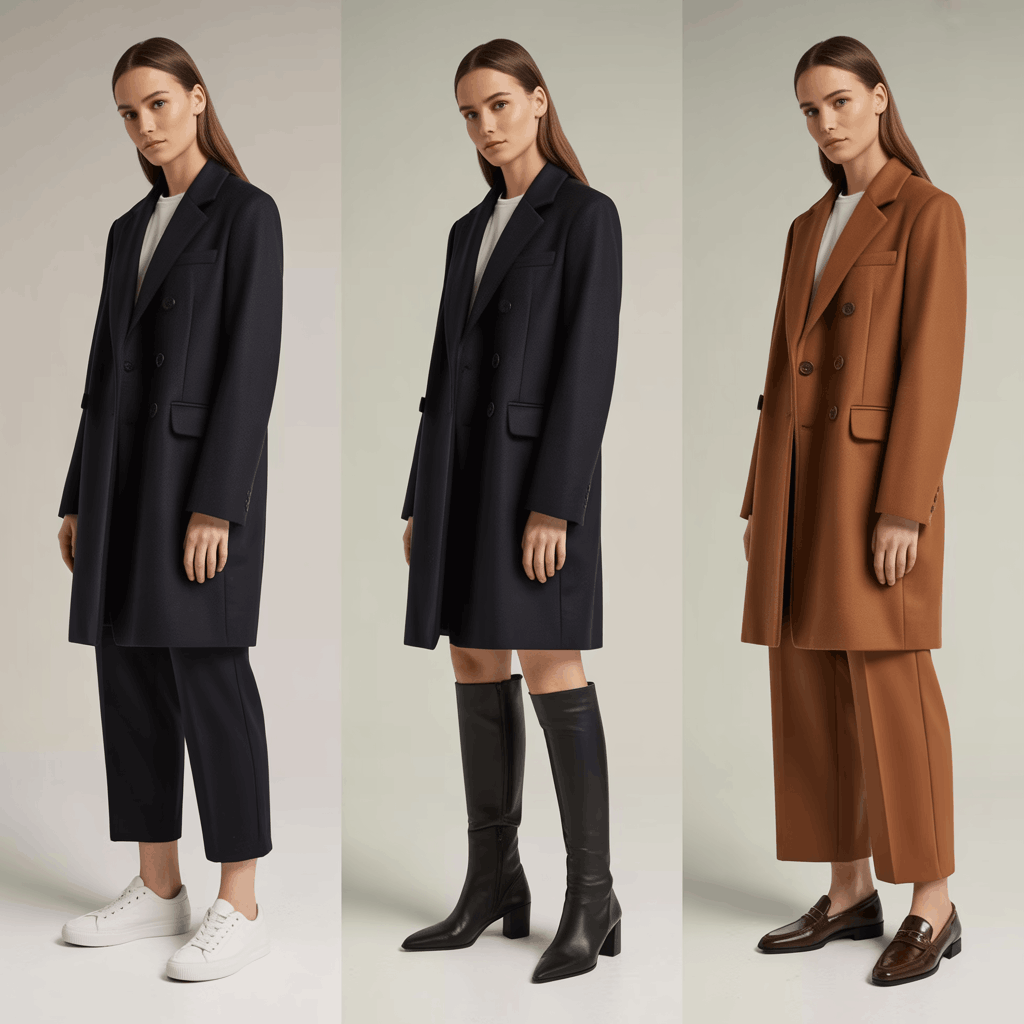 Bold coat outfit with white canvas sneakers for casual winter styling