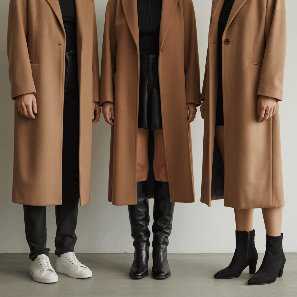 Statement coat outfit styled with knee-high boots for a sleek vertical line