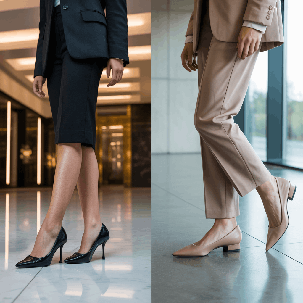 Evolution of power dressing chart showing shift to relaxed tailoring and strategic comfort footwear