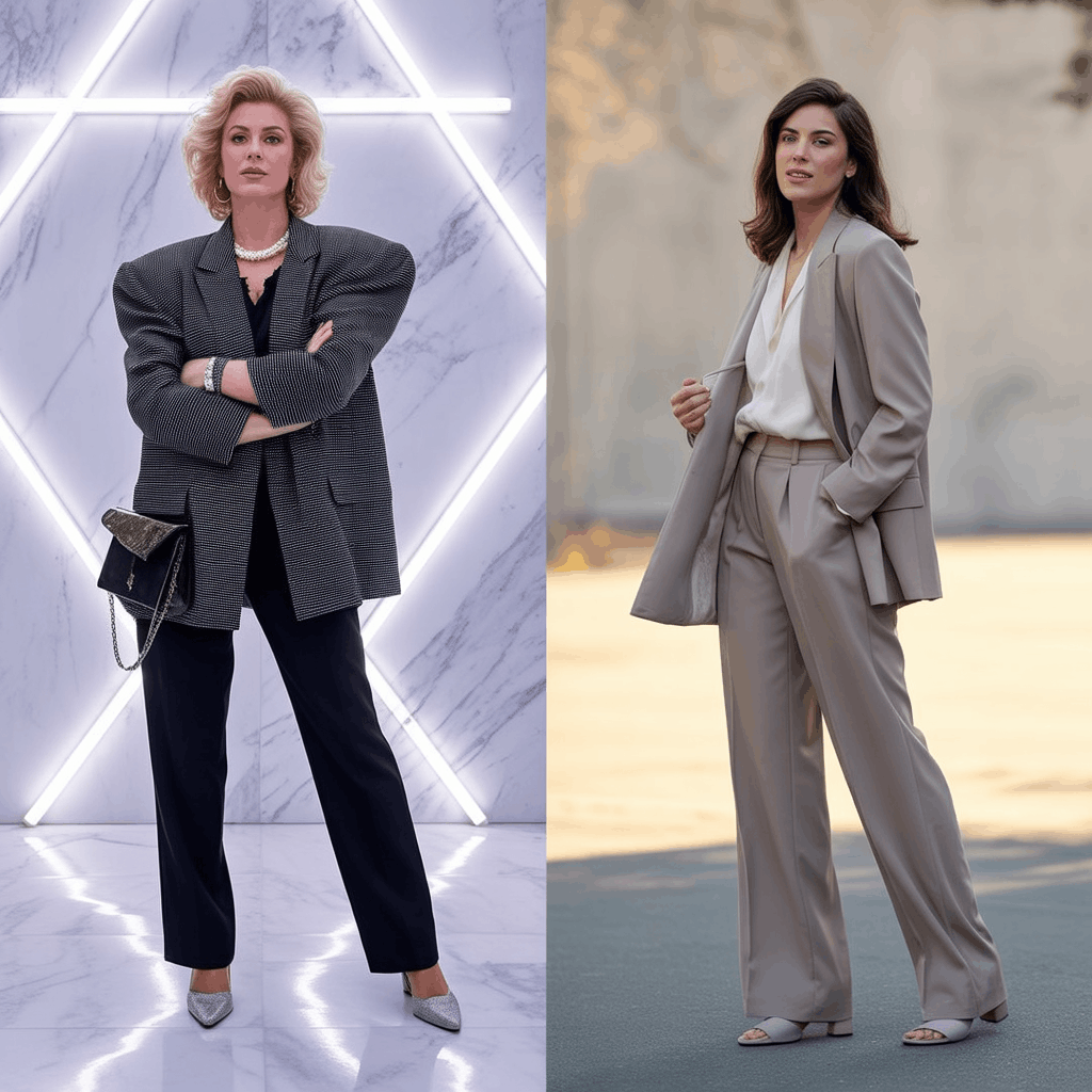 Table comparing 1980s power dressing vs modern power dressing with silhouette and fabric changes
