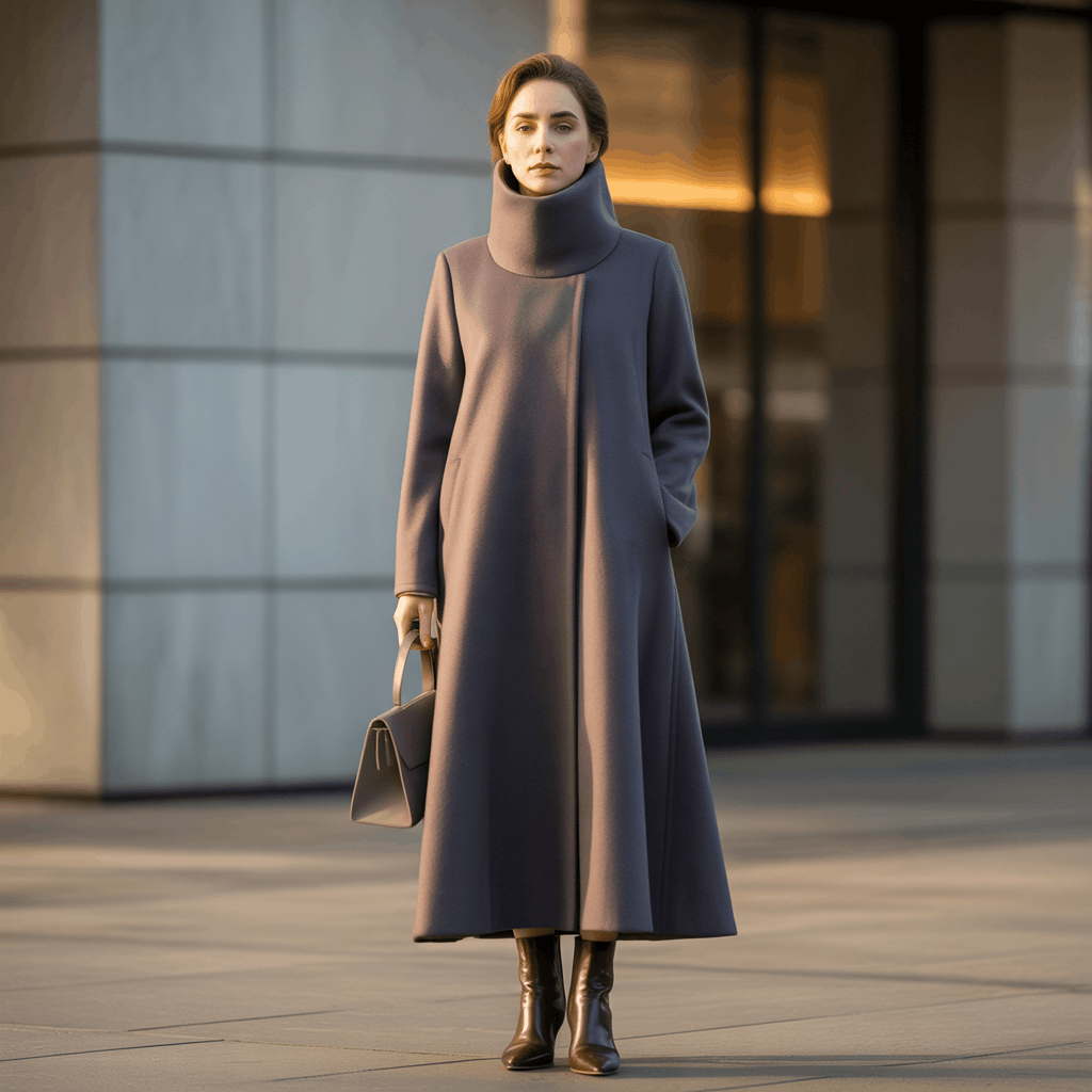 Funnel neck coat with high collar for warmth and minimalist style