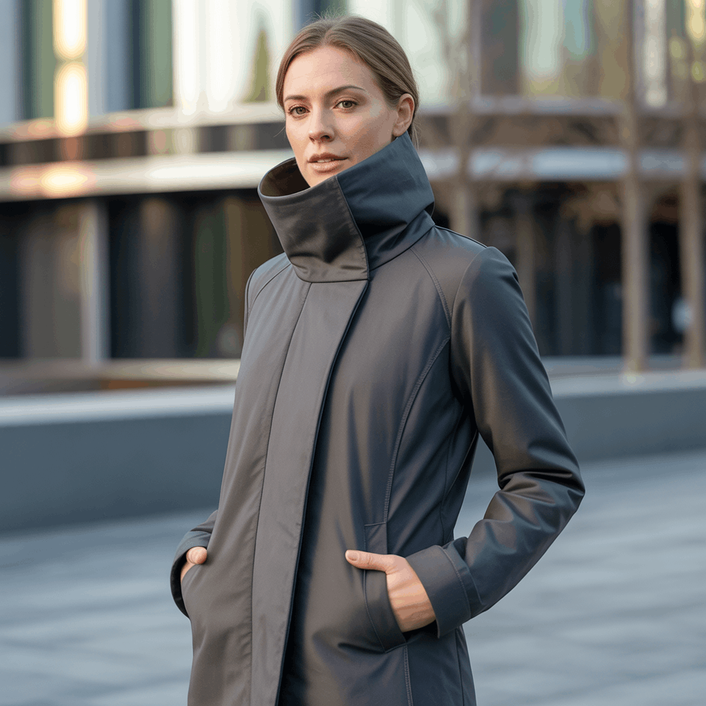 Sleek funnel neck coat outfit with stand-up collar for cold weather