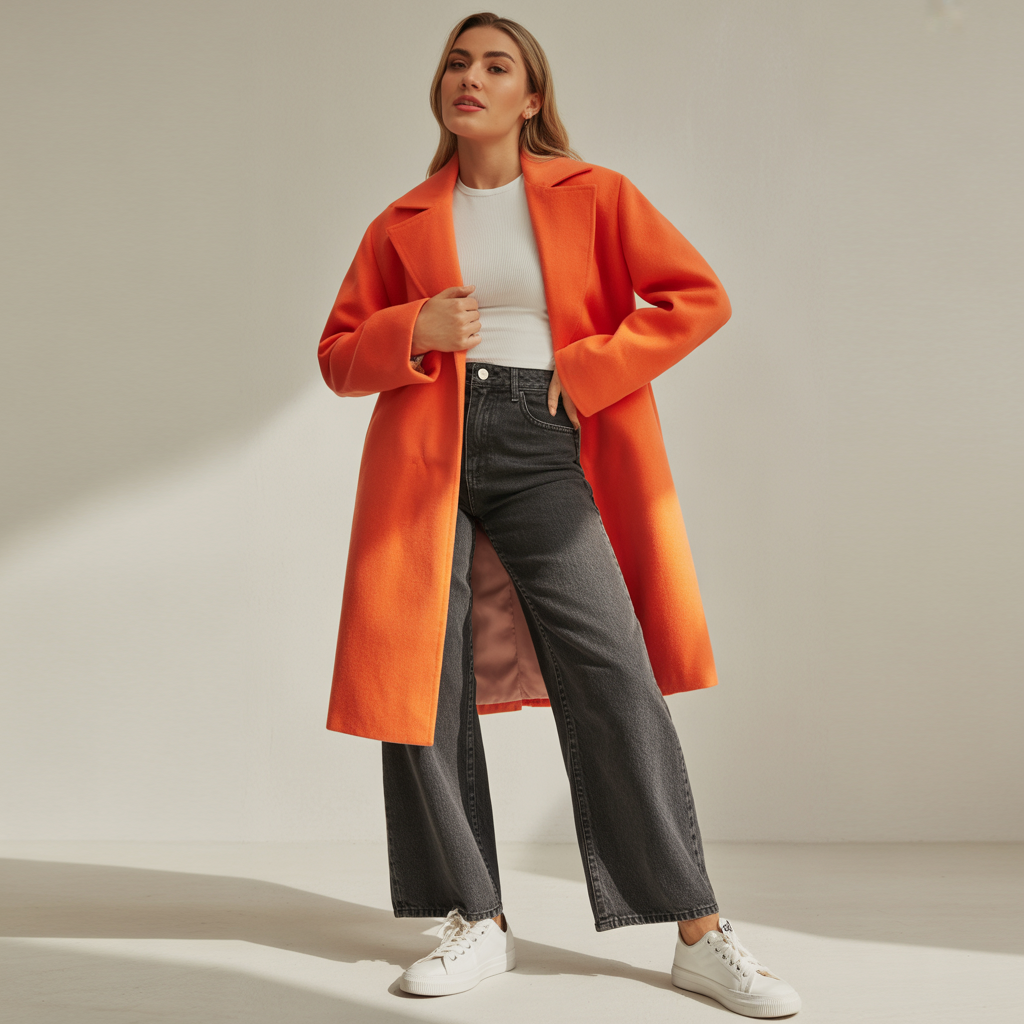 How to Style a Colourful Coat: Bold Winter Outfits That Look Chic 5 Bold coat styled with dark-wash denim and white canvas sneakers