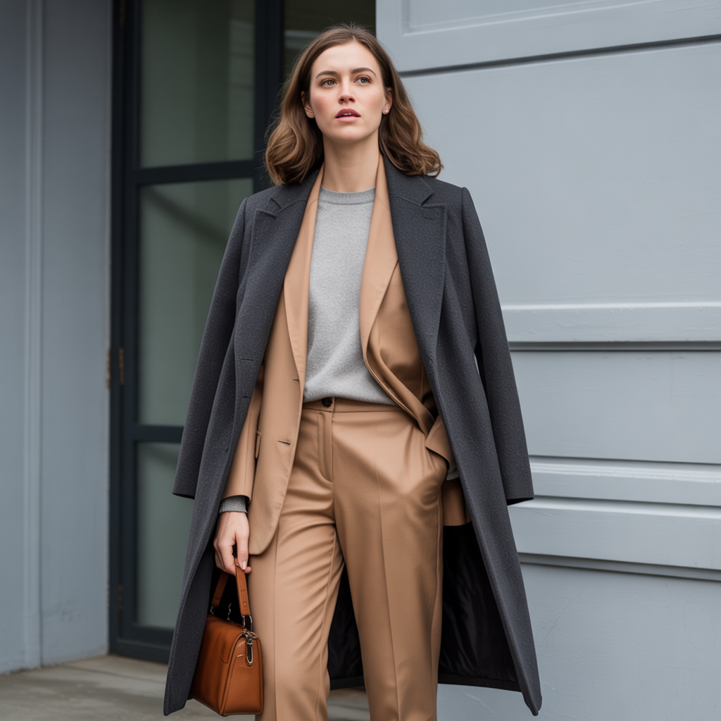How to Style a Colourful Coat: Bold Winter Outfits That Look Chic 6 Deep-hue coat outfit with grey cashmere sweater and camel trousers