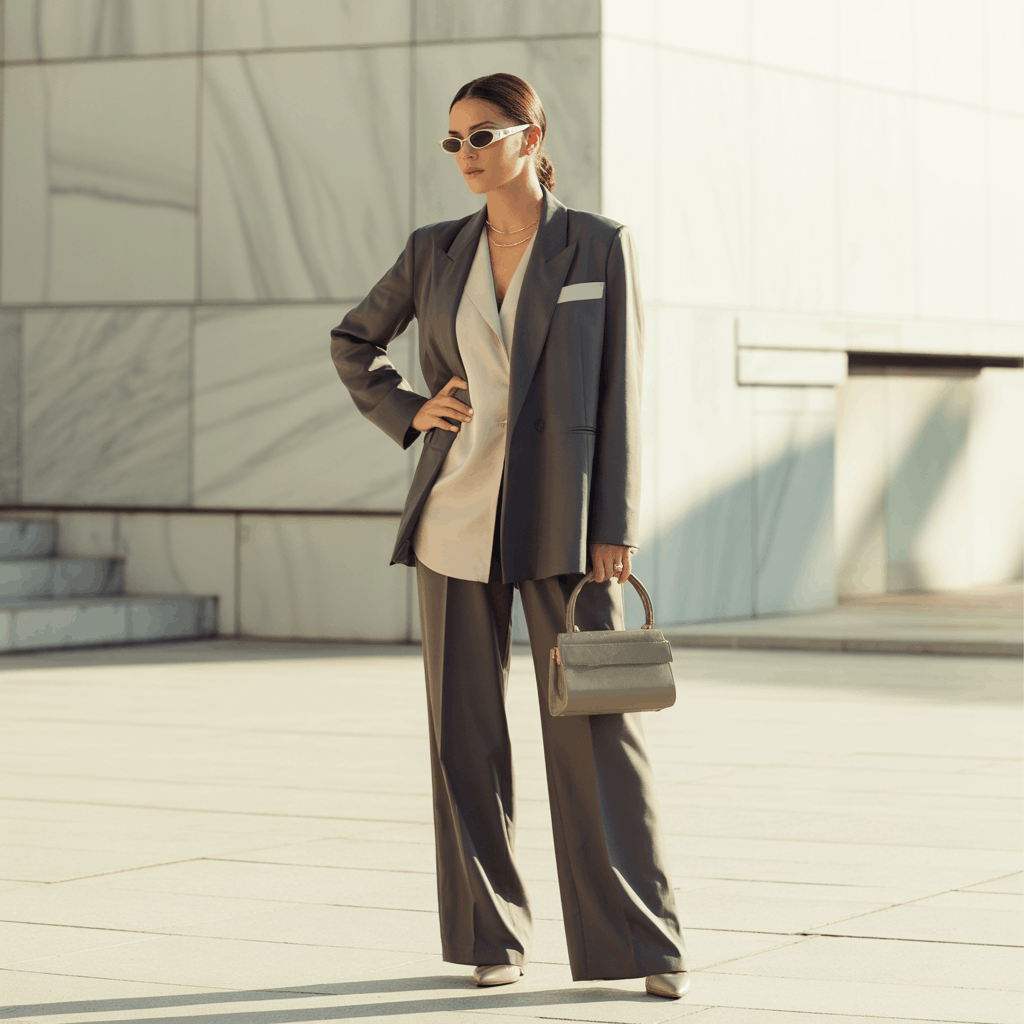Modern power dressing tips list with bold blazer, structured bag, and minimal print styling