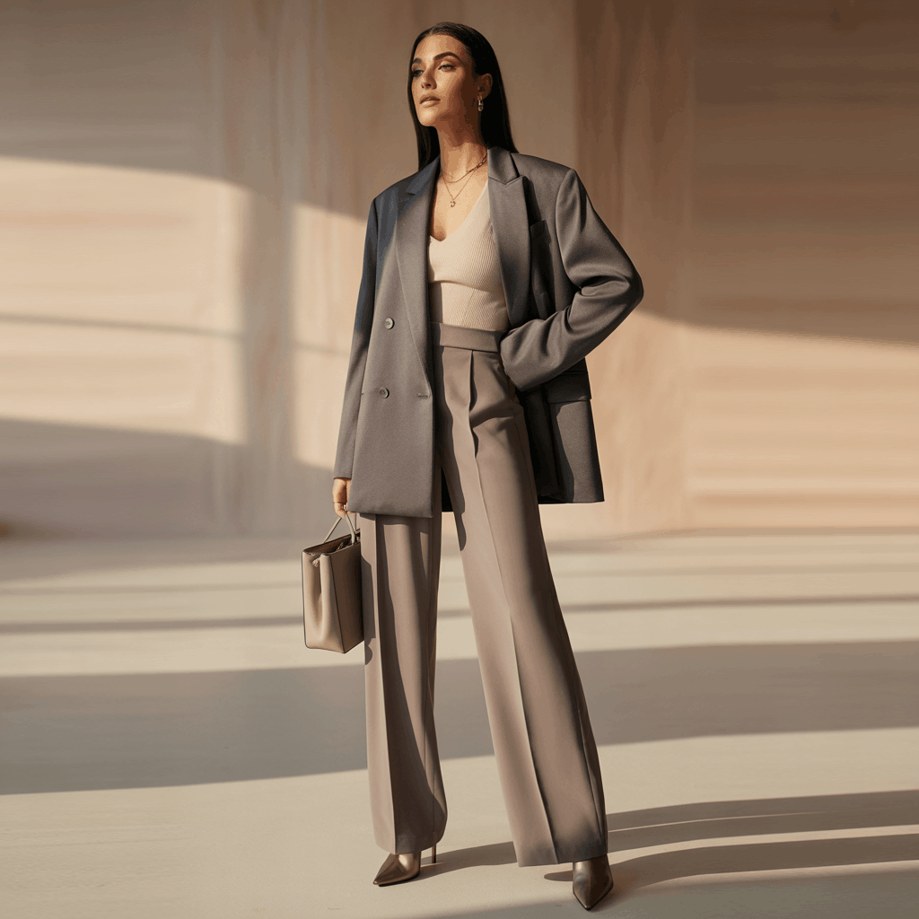 showing modern power wardrobe essentials—blazers, wide-leg trousers, elevated knitwear, and polished footwear with benefits.