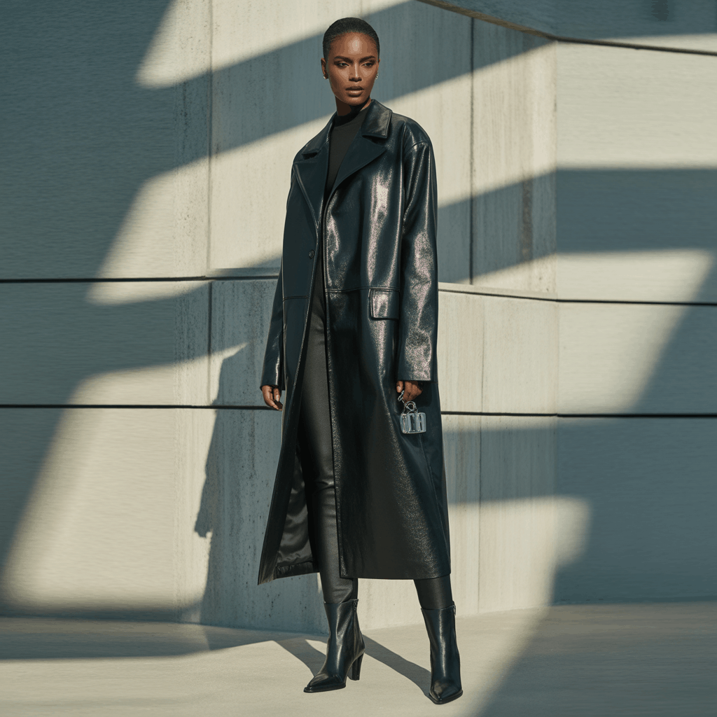 Modern winter outfit featuring a sleek long leather coat and tailored pieces