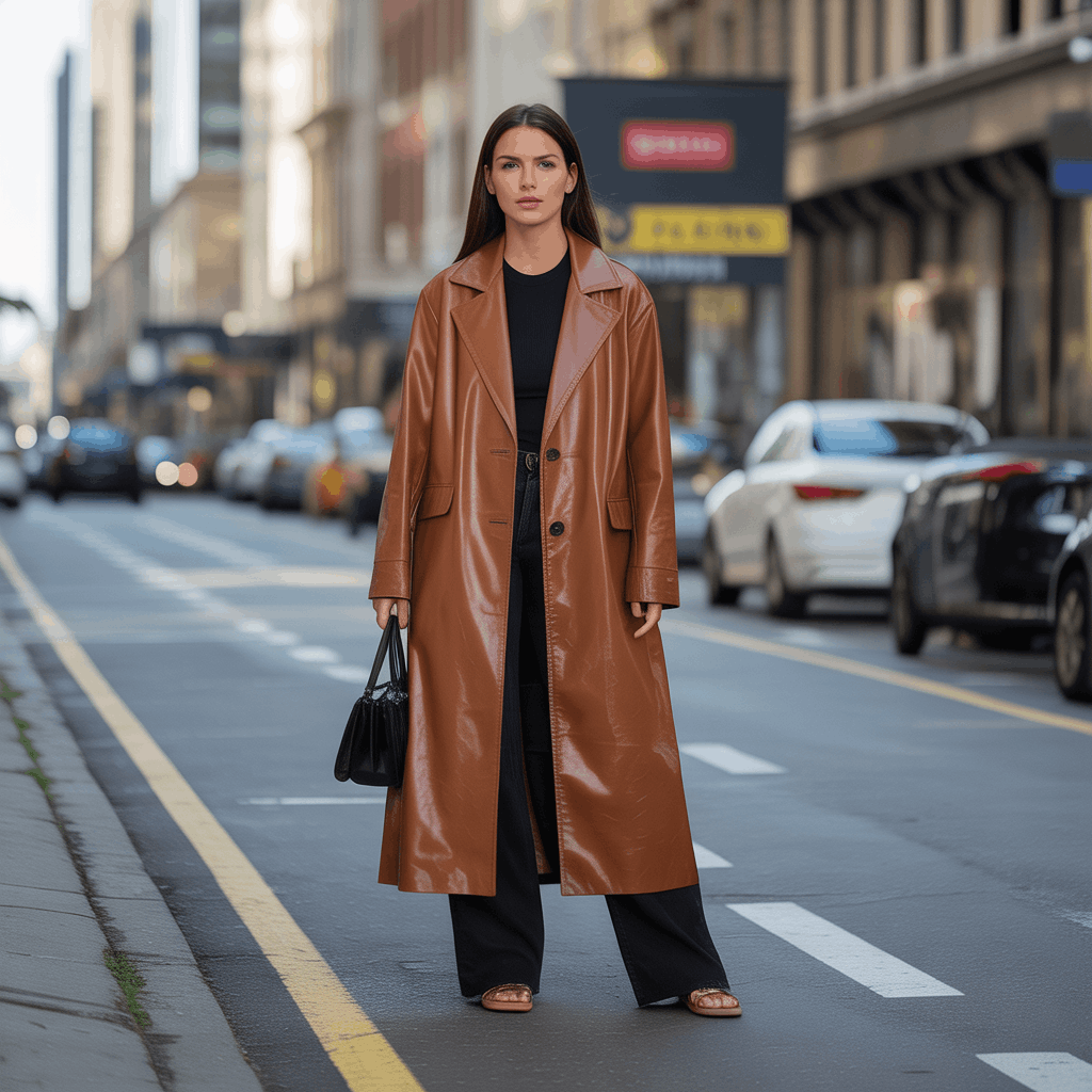 Long leather coat with high-shine finish styled with monochrome layers