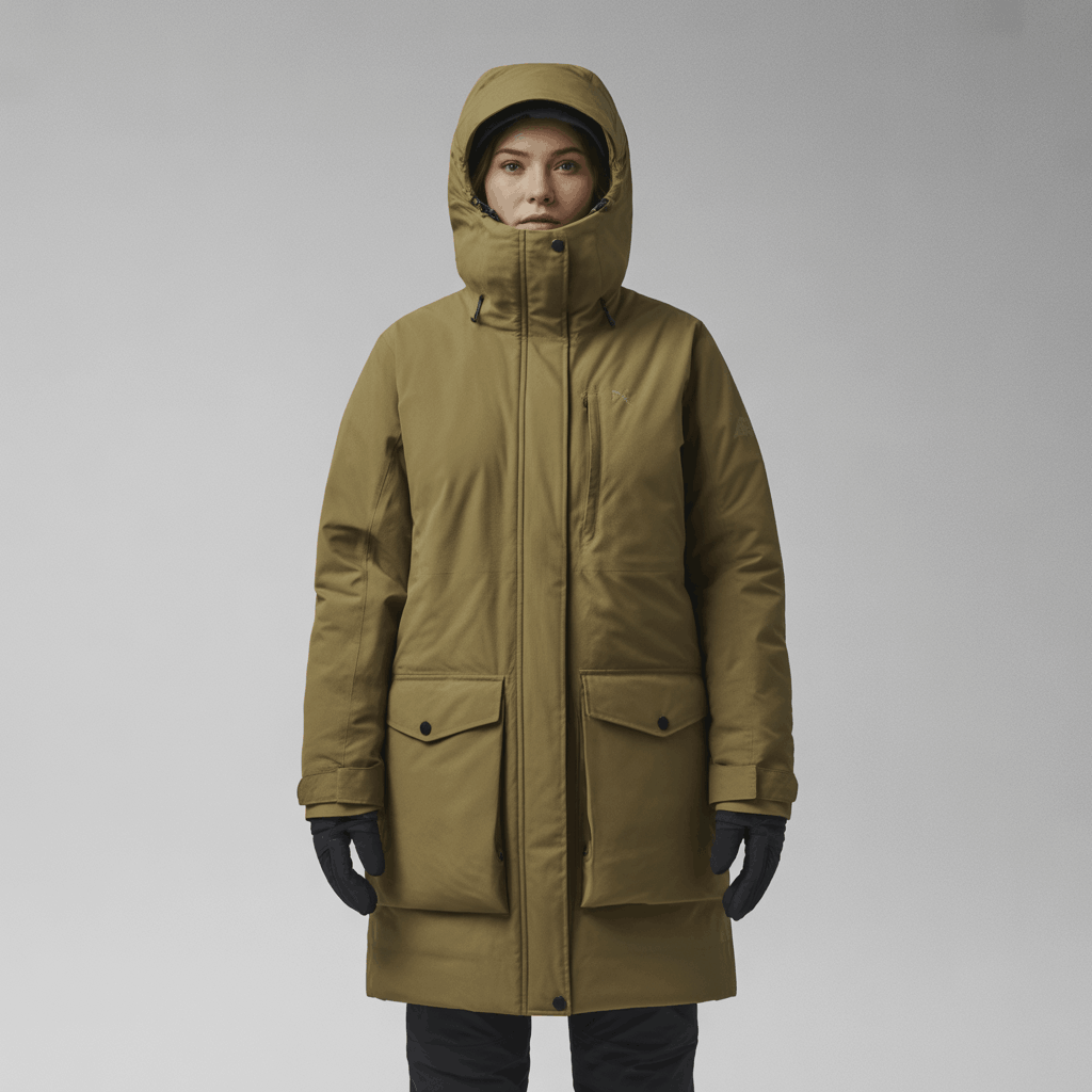 Winter coat styling with a down-filled parka and thick hood for deep cold