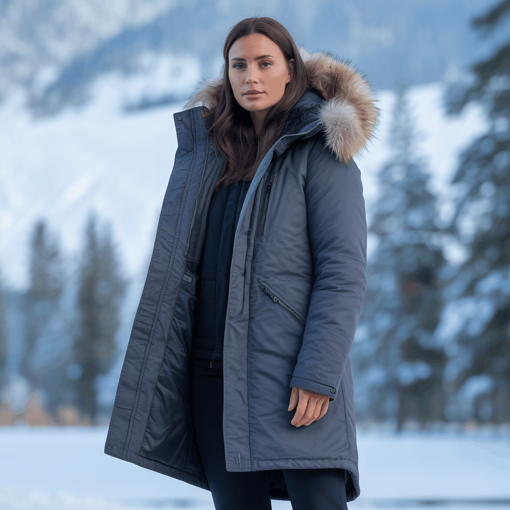 Winter coat styling with a down-filled parka and thick hood for deep cold