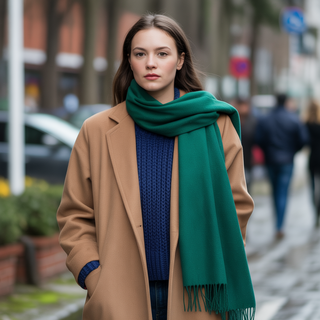 How to Style a Colourful Coat: Bold Winter Outfits That Look Chic 7 Colourful coat outfit with deep green scarf for complementary contrast