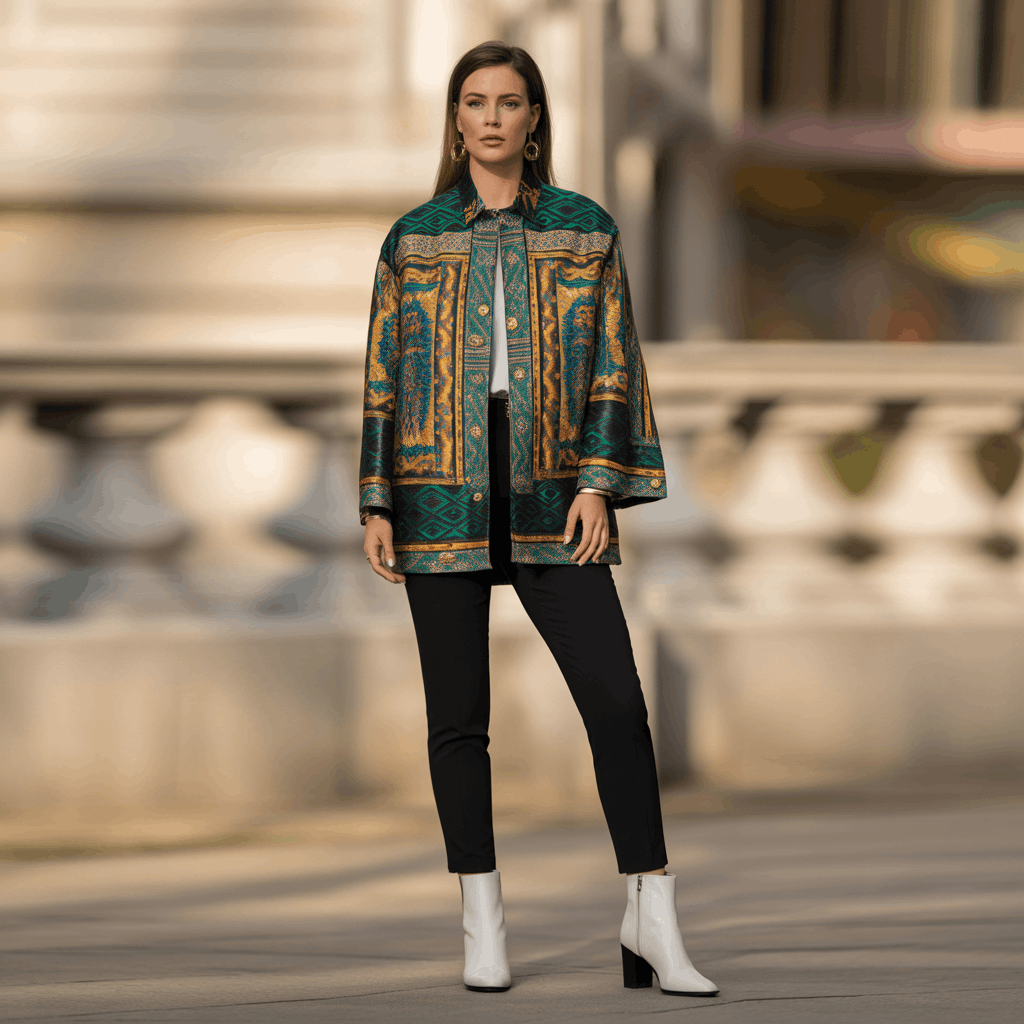 Geometric patterned outerwear as focal point with simple neutral layers