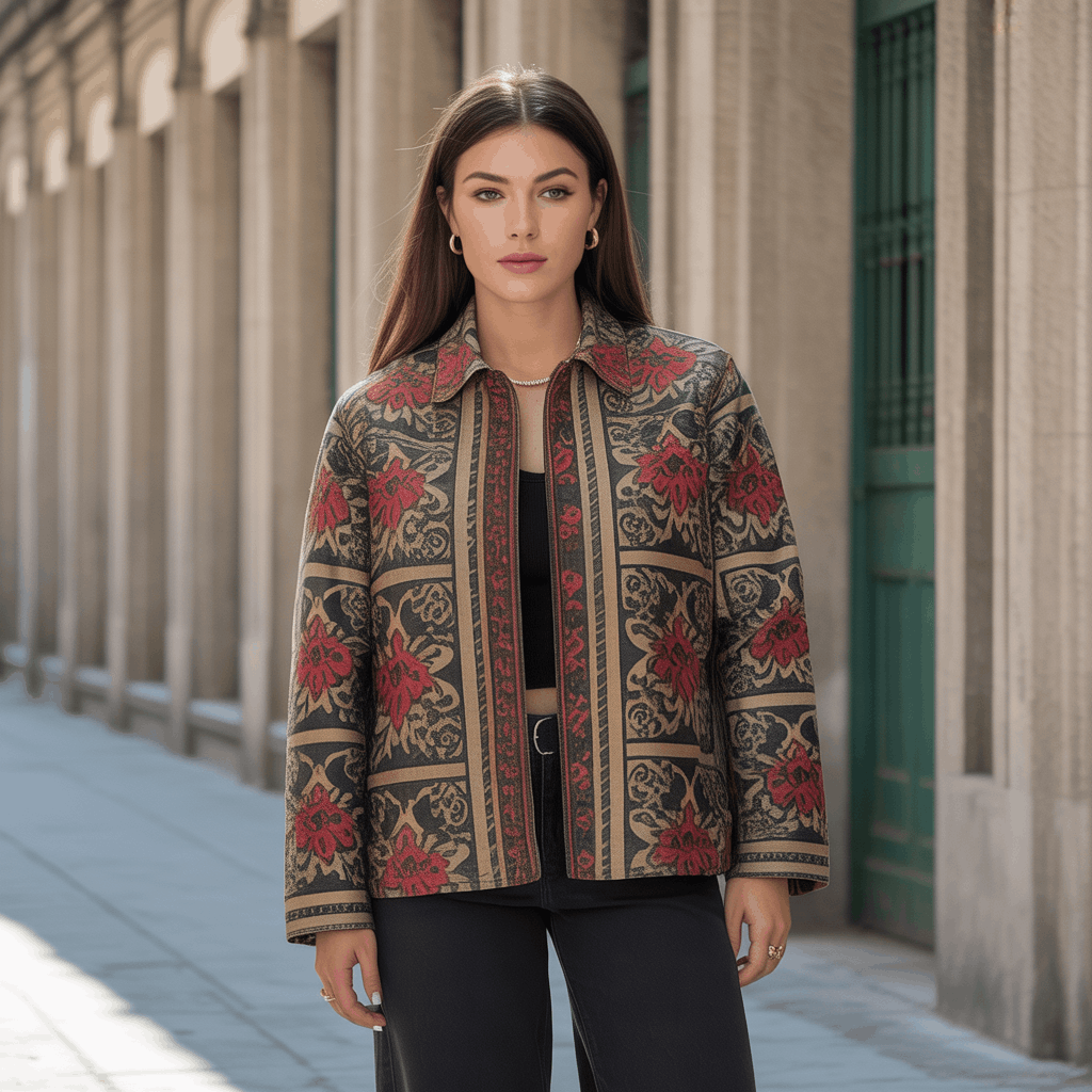 Printed jacket with bold tapestry pattern styled with neutral outfit basics
