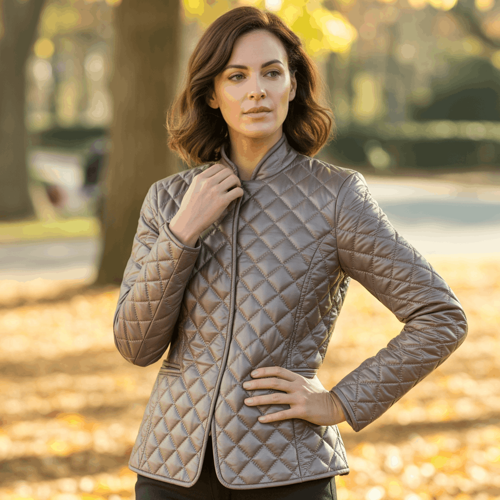 Lightweight quilted jacket with stitched pattern for transitional weather layering