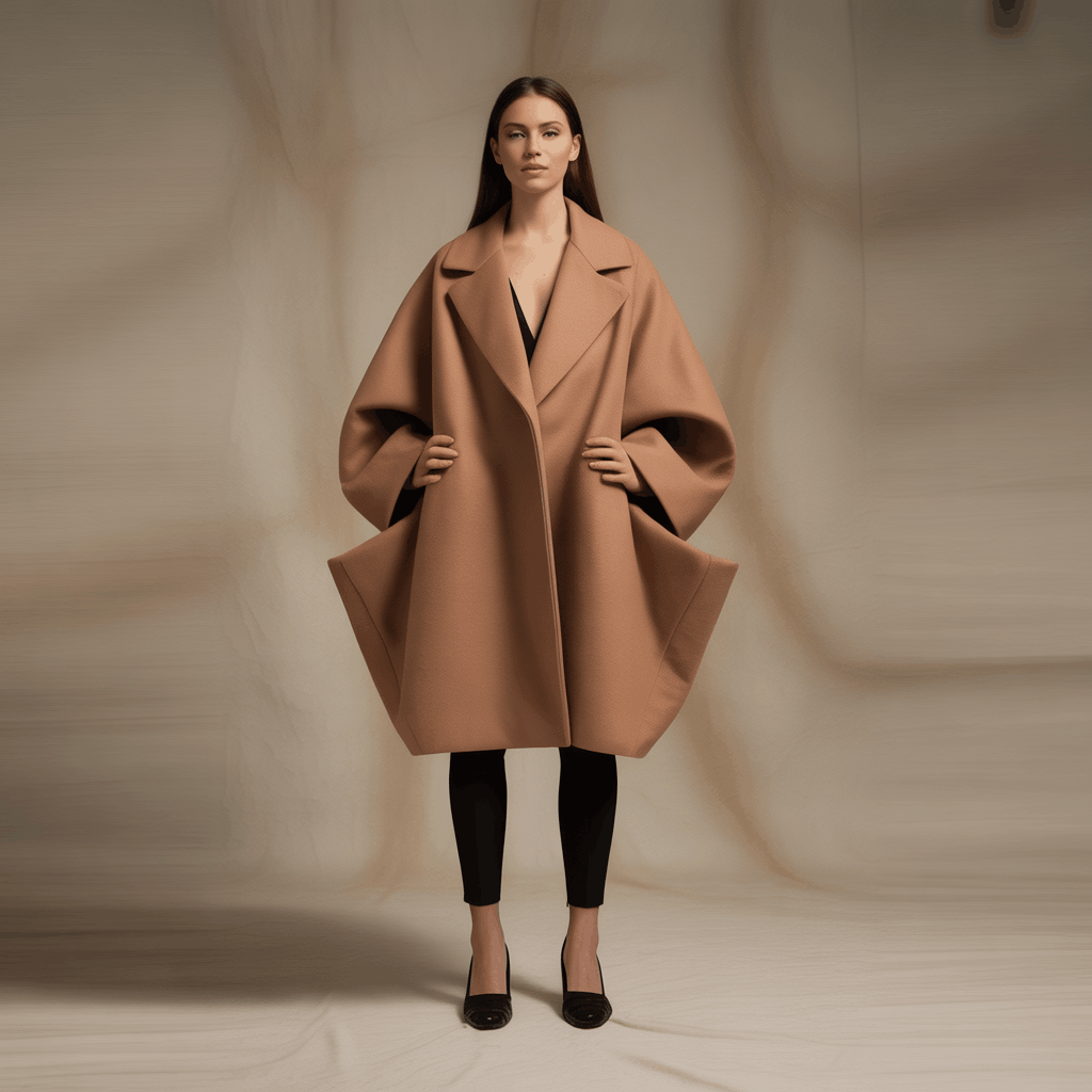Cocoon-shaped sculptural coat with rounded volume and artistic silhouette