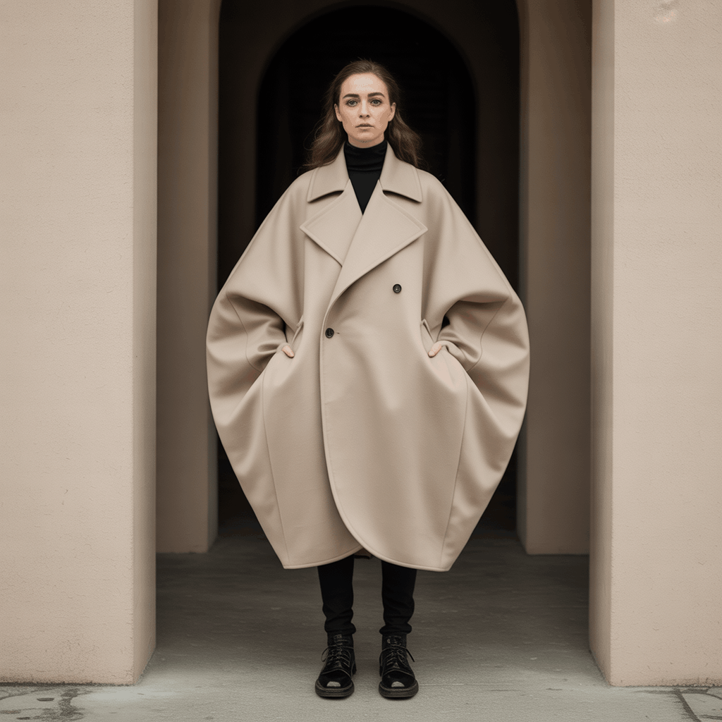 Cocoon-shaped sculptural coat with rounded volume and artistic silhouette