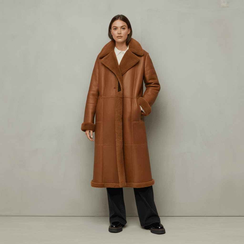 Statement winter look featuring a textured sheepskin coat with volume