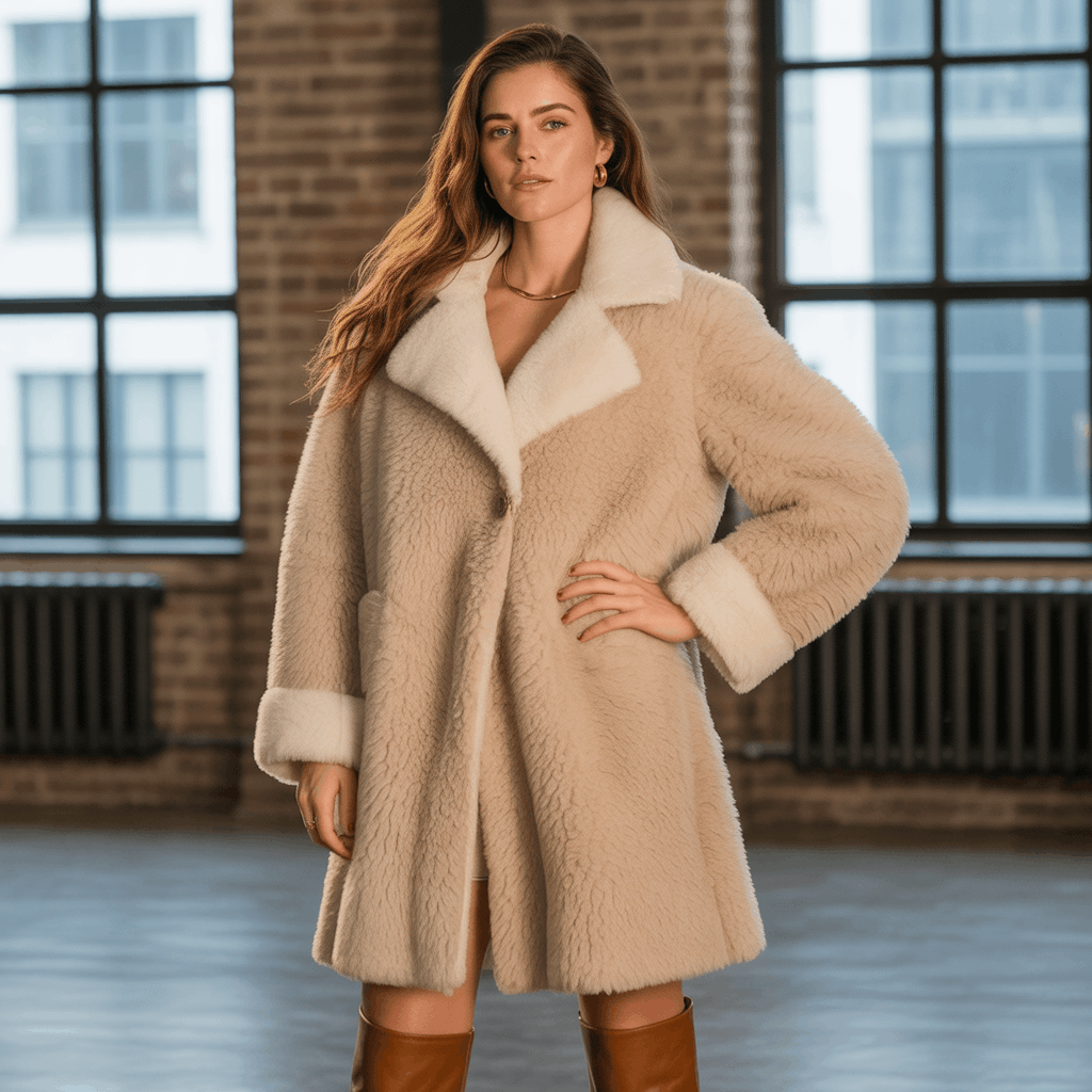 Voluminous sheepskin coat with rich texture styled for winter outfits