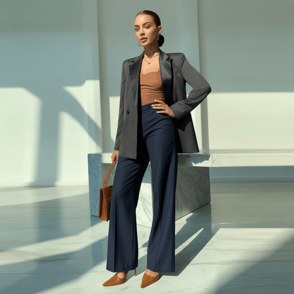 Female executive outfit with fitted blazer and high-waisted trousers for a sharp silhouette