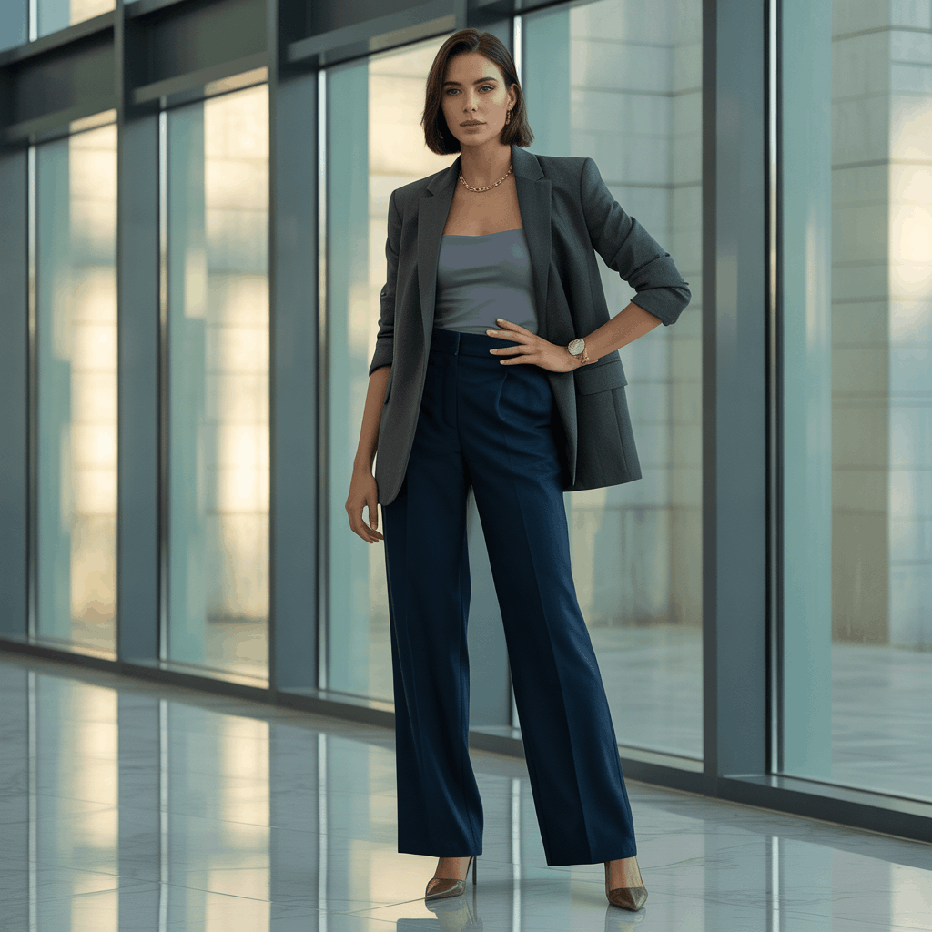 Polished work outfit with sculpted dress and minimal accessories for executive style